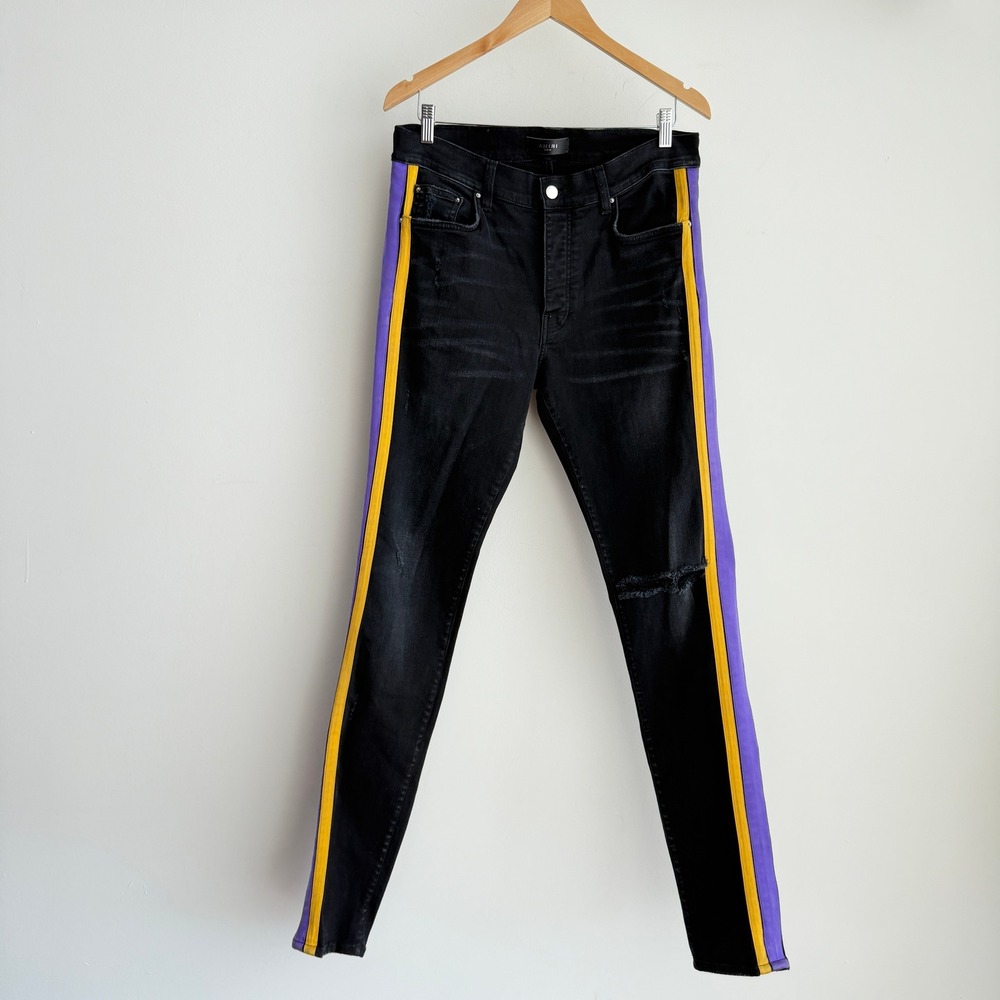 Amiri Jeans Mens 33 Black Side Stripes Lakers Track Slim Fit Straight Button Fly